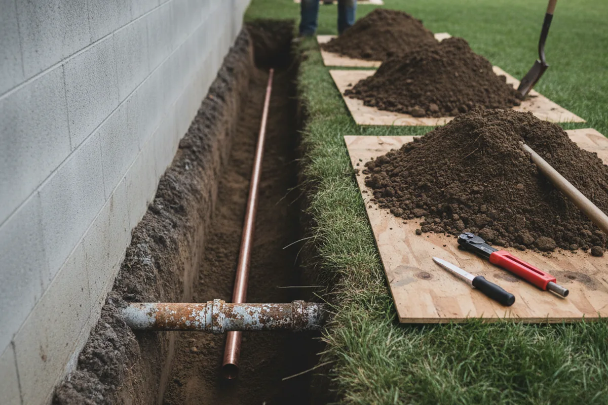 Excavated water line trench during Water Heater Repair in Lutcher